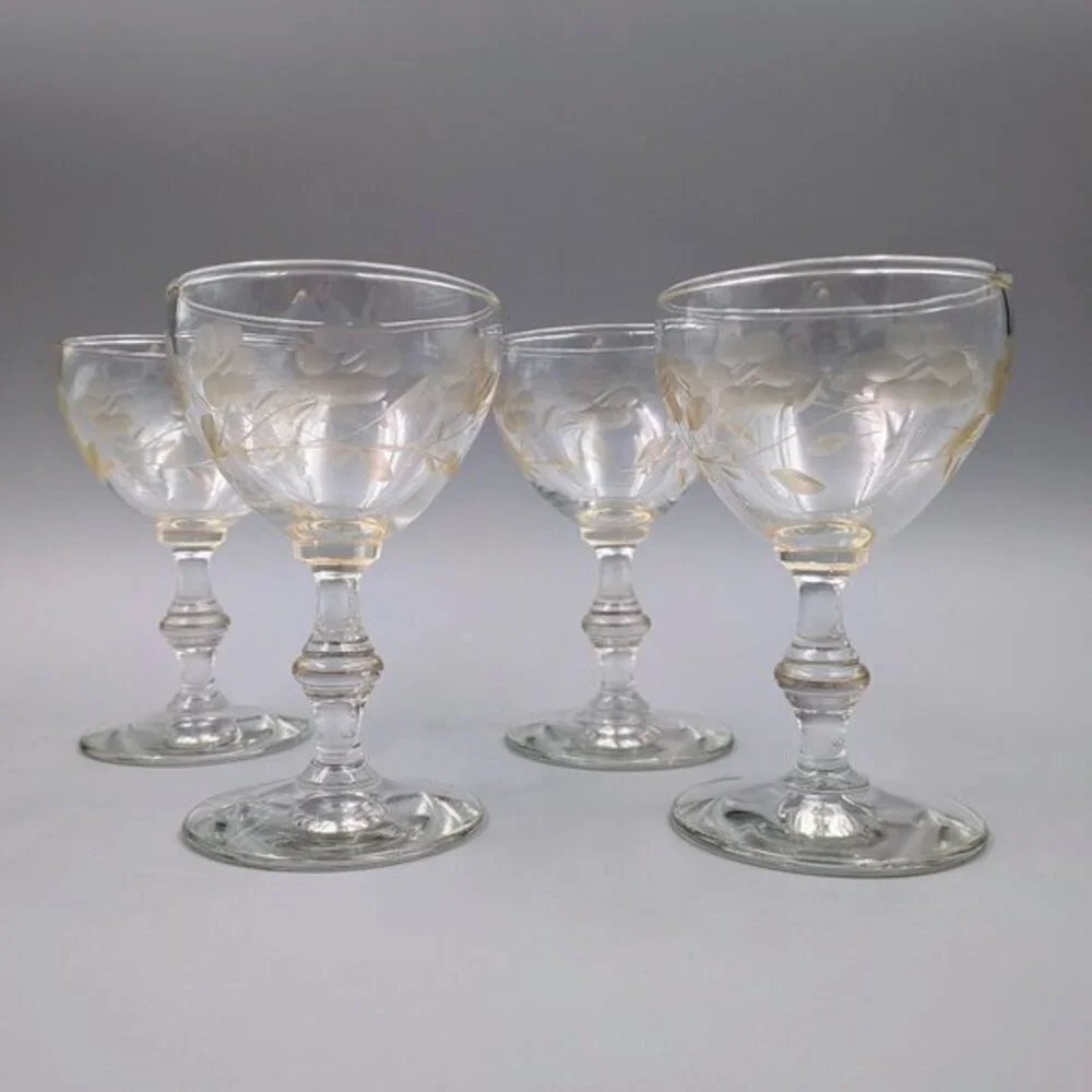 Vintage Etched Glass Wine/Sherry Glasses - Set of 4 | Elegant Era Stemware
